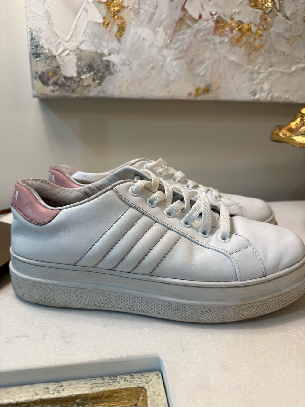 PRADA White & Blush Pink Leather Low-Top Sneakers – Size 38